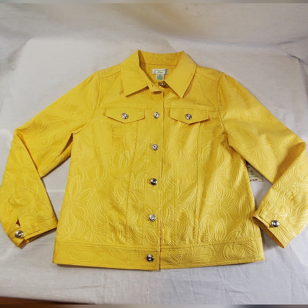 Laura Ashley Lemon Denim Textured Floral Jean Jacket NWT